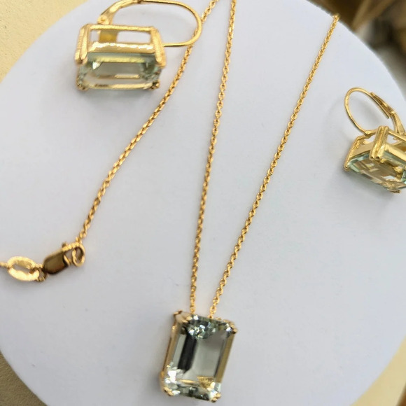 14k Gold-Plated Sterling Silver Necklace & Earrings Set / Prasiolite - Picture 7 of 7
